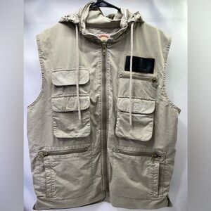 Vintage Banana Republic Safari Mens L Photography Hooded Vest Fishing Pockets
